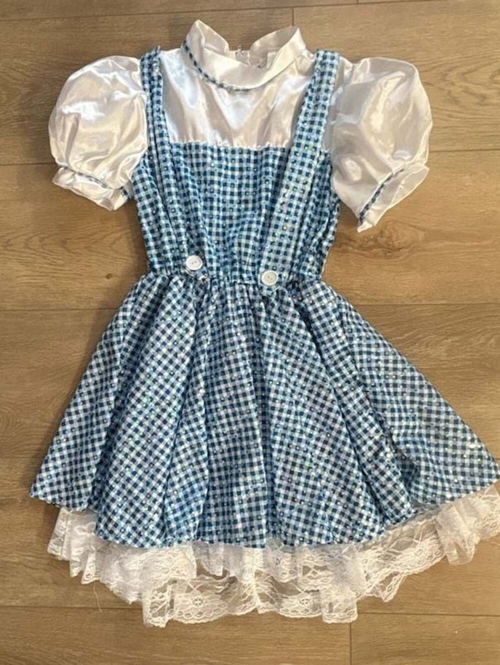 Girls Costume Dorothy Blue Gingham Ruffle Dress Size Medium Sequin